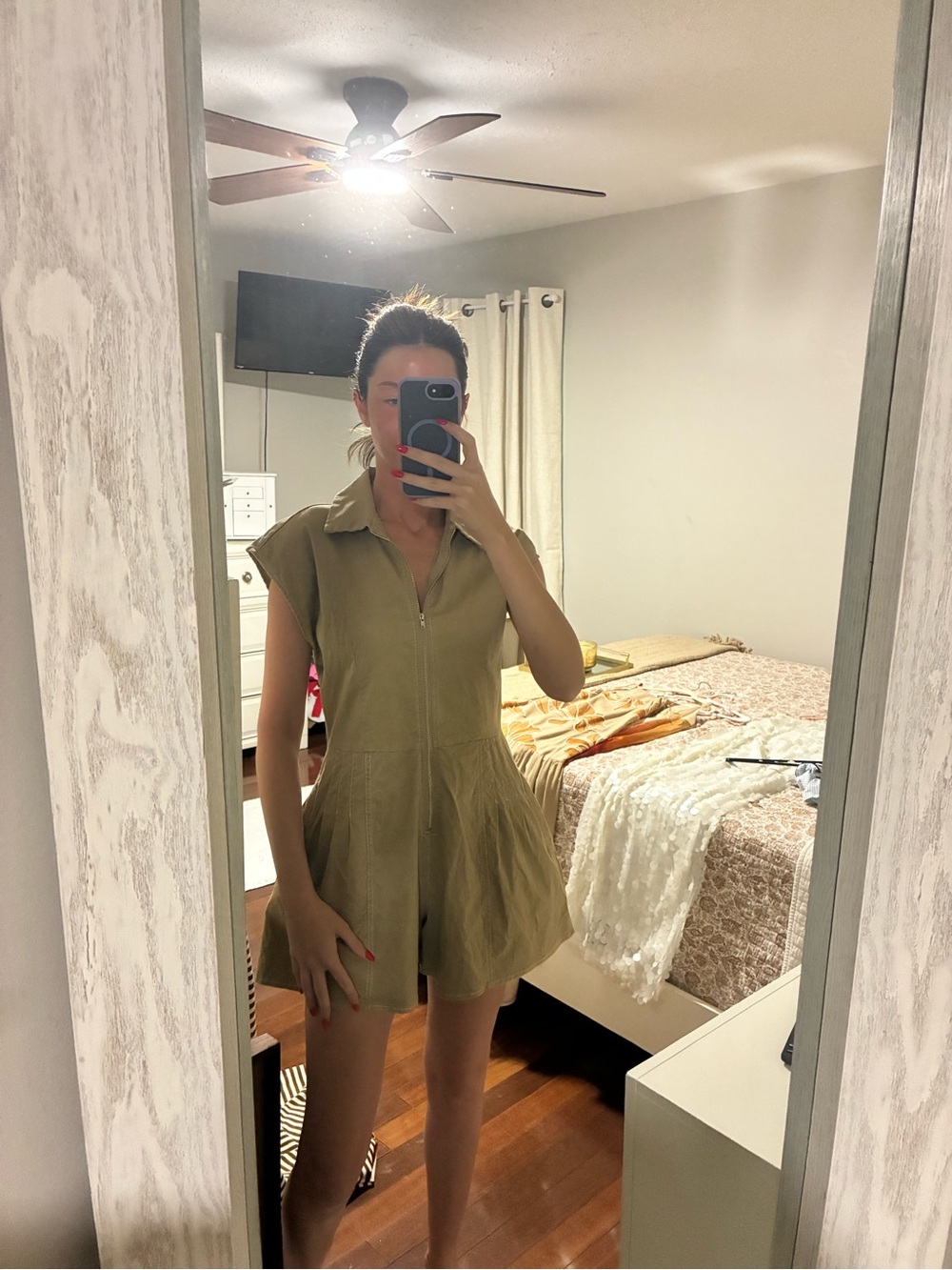 Sage Olive-Green Short Sleeve Zip Front Mini Dress